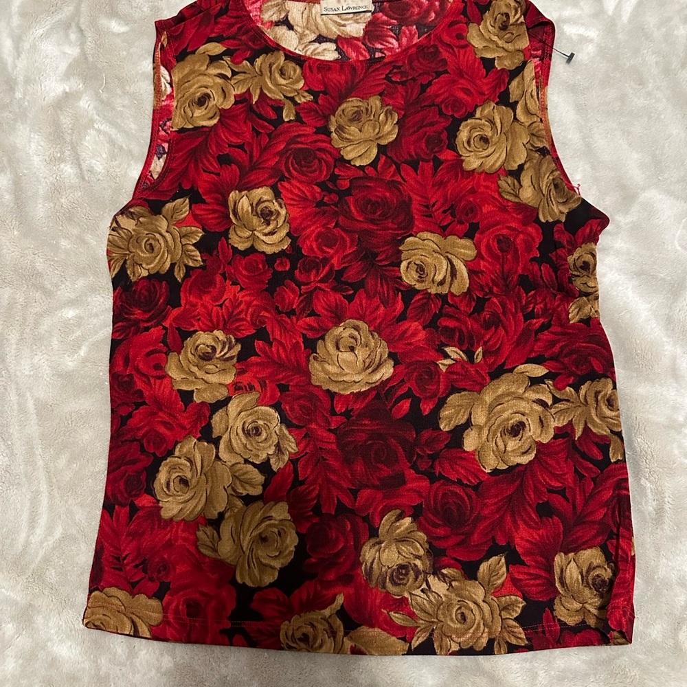 Floral Sleeveless Top - Red and Gold